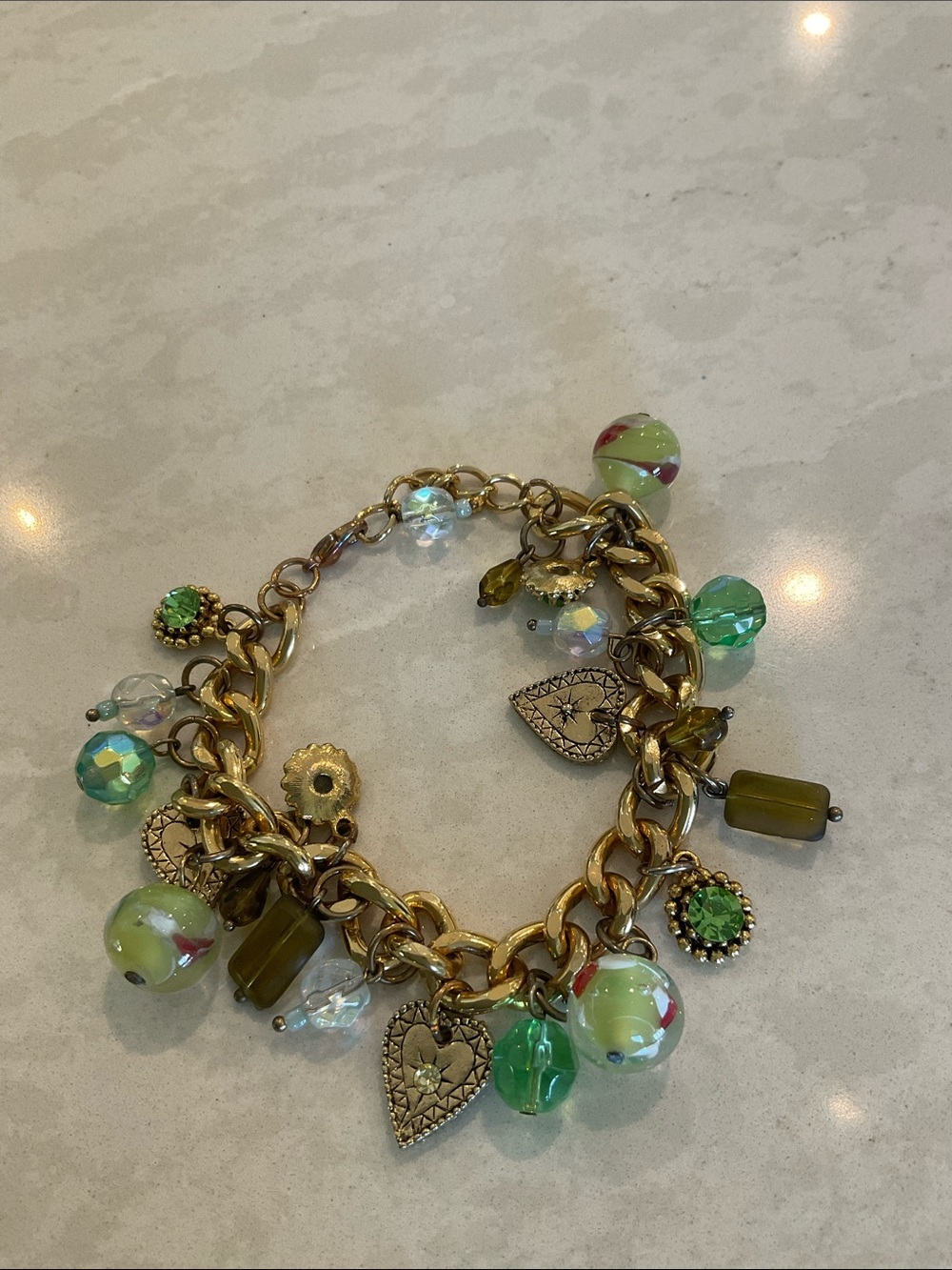 Gold-Tone Green Bead Charm Bracelet